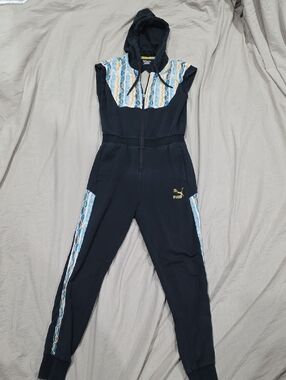Puma Black Hooded Jumpsuit with Blue & Cream Accent Panels